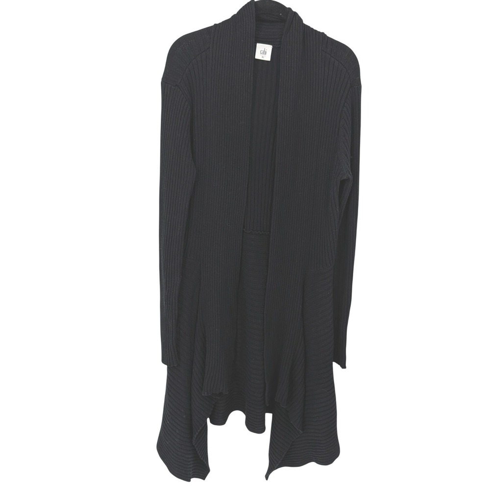 Cabi Cardigan Sweater Women XL Black Ribbed Open Front Hankerchief Hem 3164